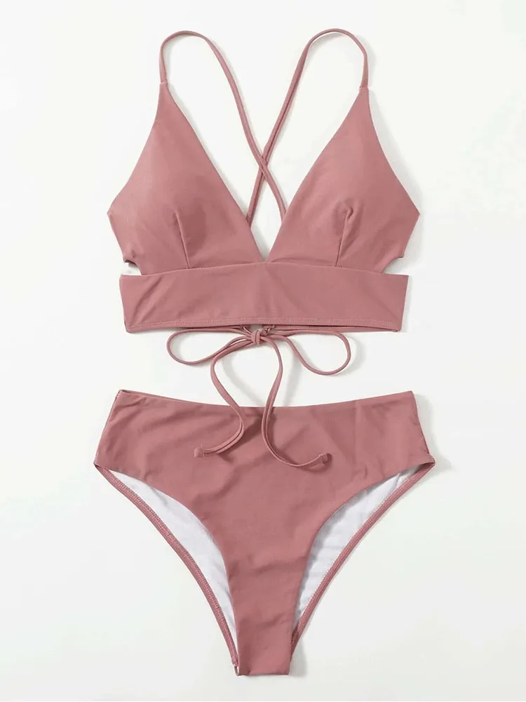 INGAGA High Waist Bikini Sexy V-neck Swimwear Women Lace Up Swimsuits 2022 New Solid Biquinis Set High Cut Bathing Suits Women