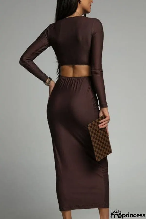 Round neck slim fit solid color slit backless waist dress