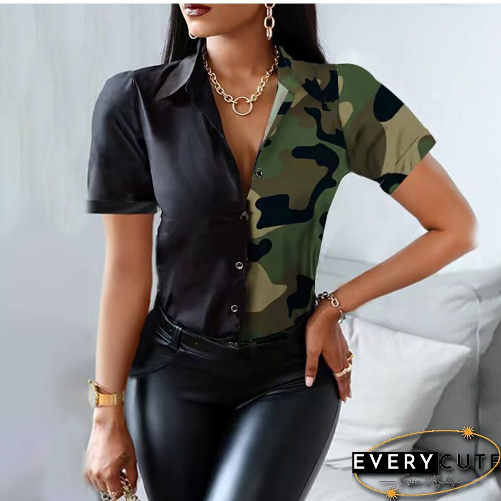 Summer Women Black Floral Print Top Shirt Fashion Casual Short Sleeve Turn-down Collar Tops Shirts New Elegant Slim Button Shirt