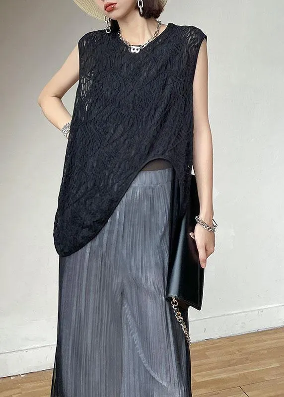 Loose Black Hollow Out asymmetrical design Sleeveless Tanks Summer