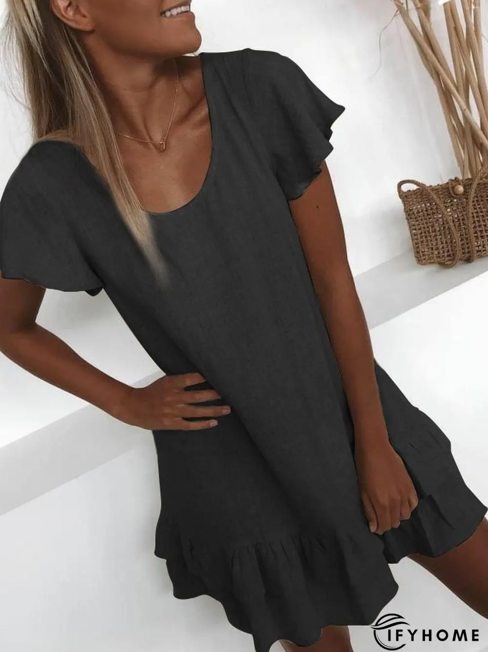 zolucky Plus Size Casual U-Neck Solid Short Sleeve Mini Weaving Dress | IFYHOME