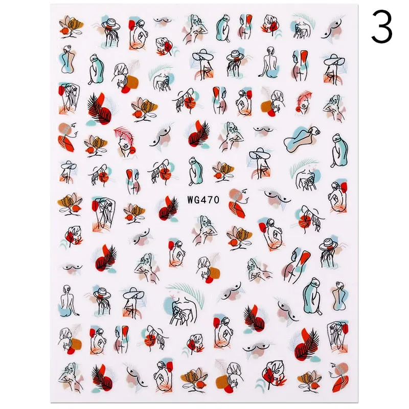 Geometric Lines Flowers Leaves 3D Nail Sticker Figure Woman Face Pattern Special Self Adhesive Nail Art Decals Manicures Sliders-Nail Inspo
