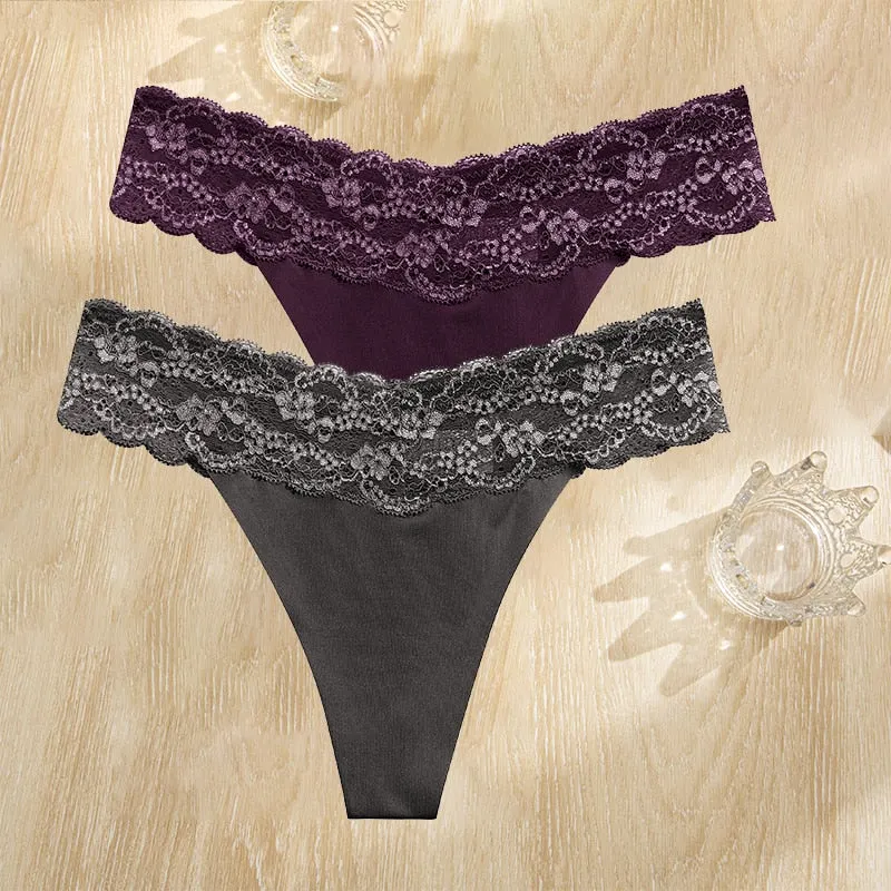 FINETOO 2PCS/Set Gstring Seamless Women Lace Pantys Girls Thongs S-L Fashion Sexy Underwear For Woman Lingerie Floral Panties