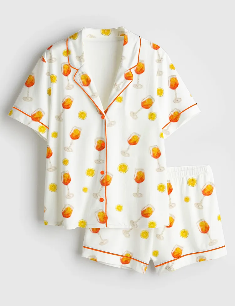 Women's Apawrol Spritz Aperol Spritz Trio Orange Drinks Bottle Wine Short Sleeve Satin Pajama Set