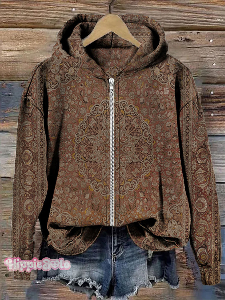 Retro Ethnic Pattern Art Print Casual Zip-Up Hooded Sweatshirt Multicolor / S