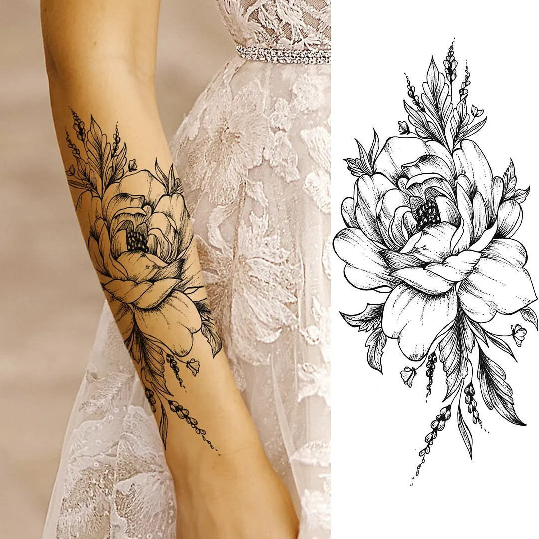 Black Rose Flower Snake Temporary Tattoos For Women Adult Peony Serpent Fake Tattoo Forearm Body Art Painting Waterproof Tatoos