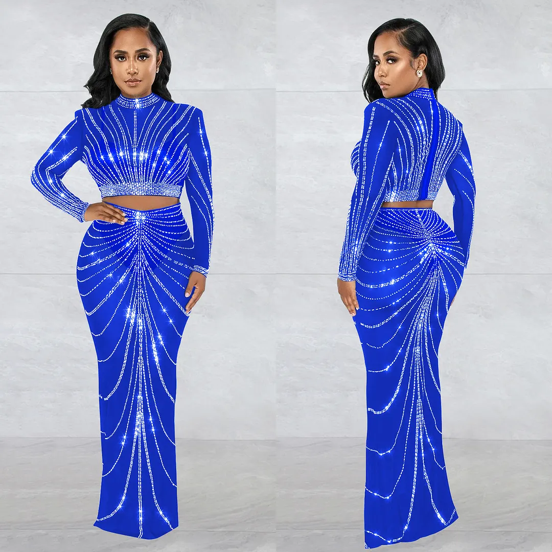 Churchf Churchf Fashion Women's Mesh Hot Drill Perspective Long-Sleeve Dress Two-Piece Set