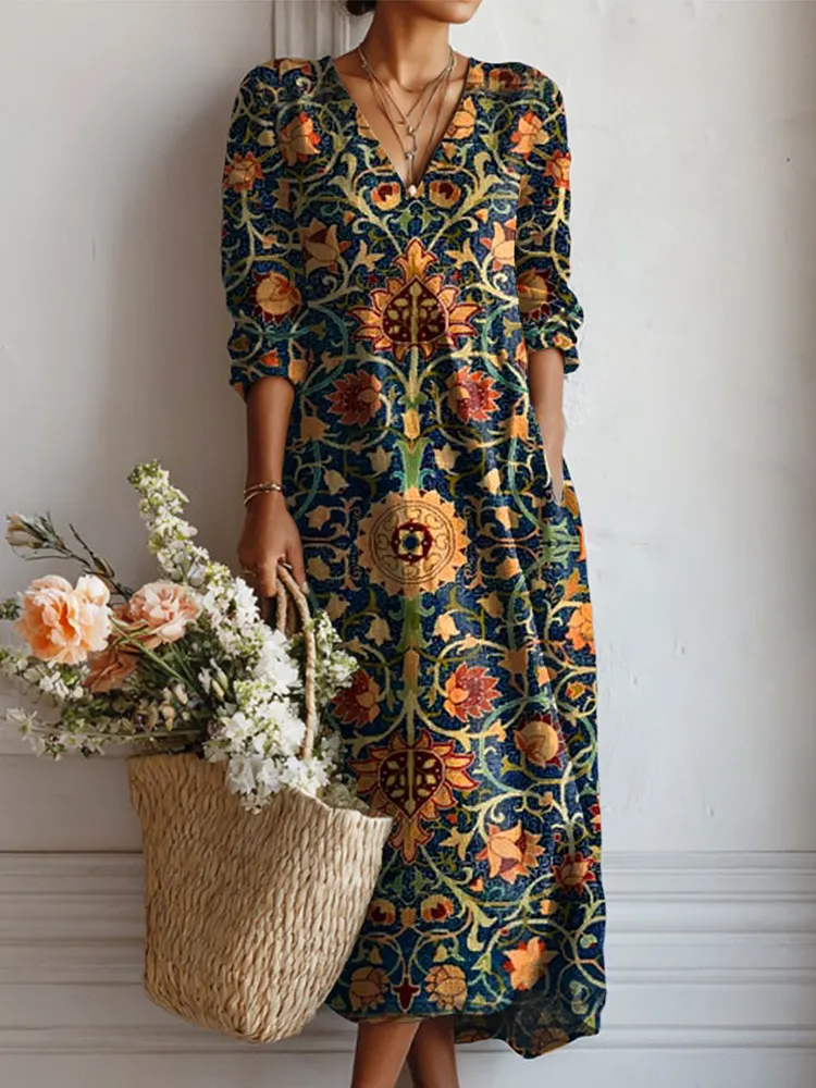 Women's Vintage Flower Art Print Linen Pocket Dress