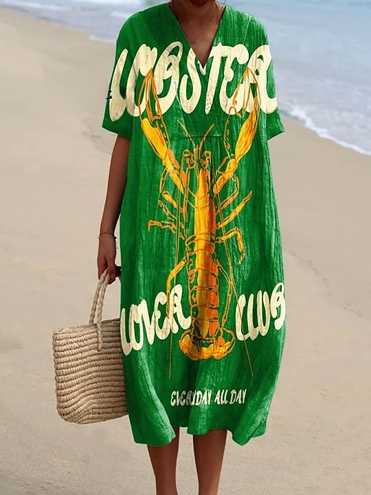 Women's Vintage Lobster Art Print Flowy Dress