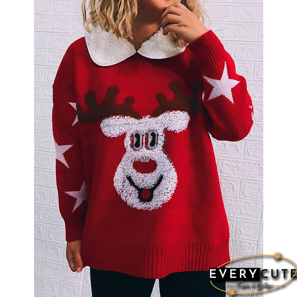 Red Deer Print Lapel Collar Thicken Christmas Pullover Sweater