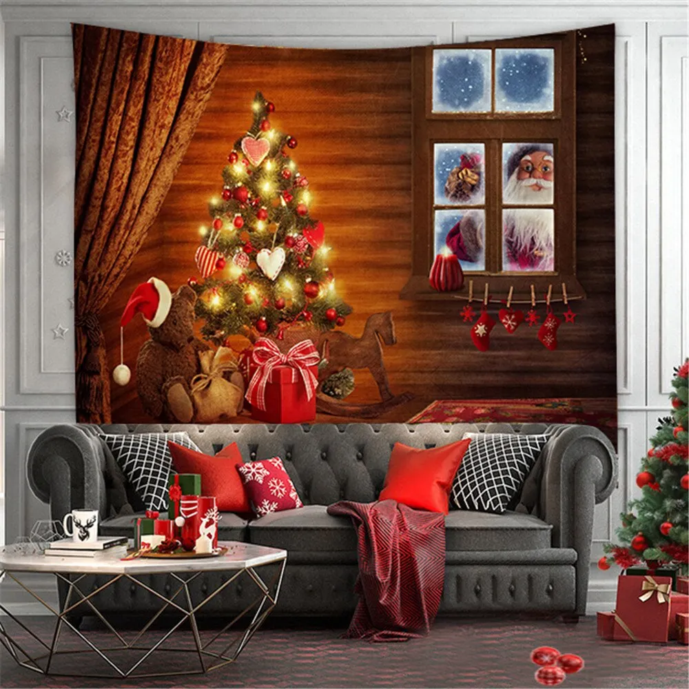 Merry Christmas Tapestry Wall Hanging Christmas Tree Fireplace Wall Cloth Tapestries Psychedelic Boho Decor Wall Tapestry Carpet