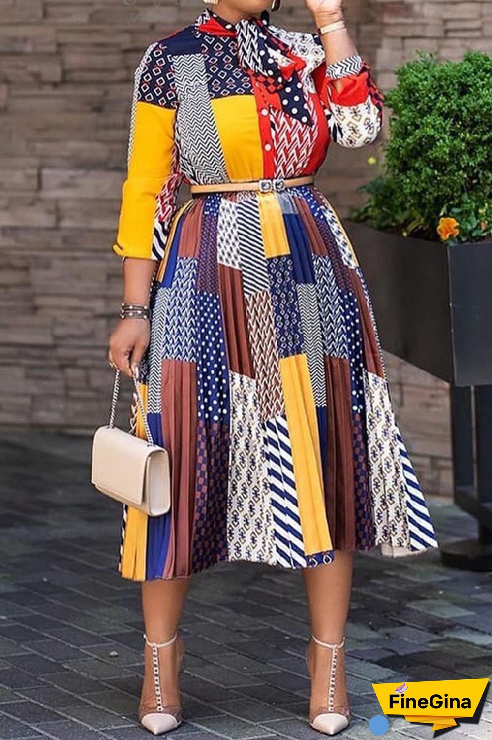 Blue Casual Elegant Print Patchwork Fold Ribbon Collar Straight Dresses