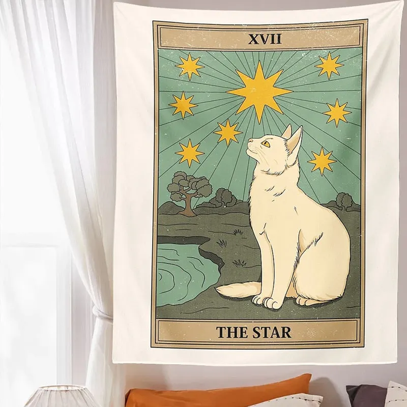 Cat Divination Witchcraft Tarot Card Tapestry Wall Hanging Tapestries Baphomet Occult Home Wall Moon phase Mat Decor Cat Coven