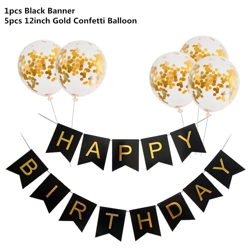 Black Gold Happy Birthday Banner Balloons Helium Number Foil Balloon for Baby Boy Kids Adult 18 30 Birthday Party Decorations