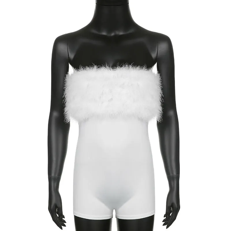 BIIKPIIK Tassel Stitching Party Evening Playsuits White Fur Sexy Club Outfit For Women Elegant One-pieces Bodycon Shorts Romper