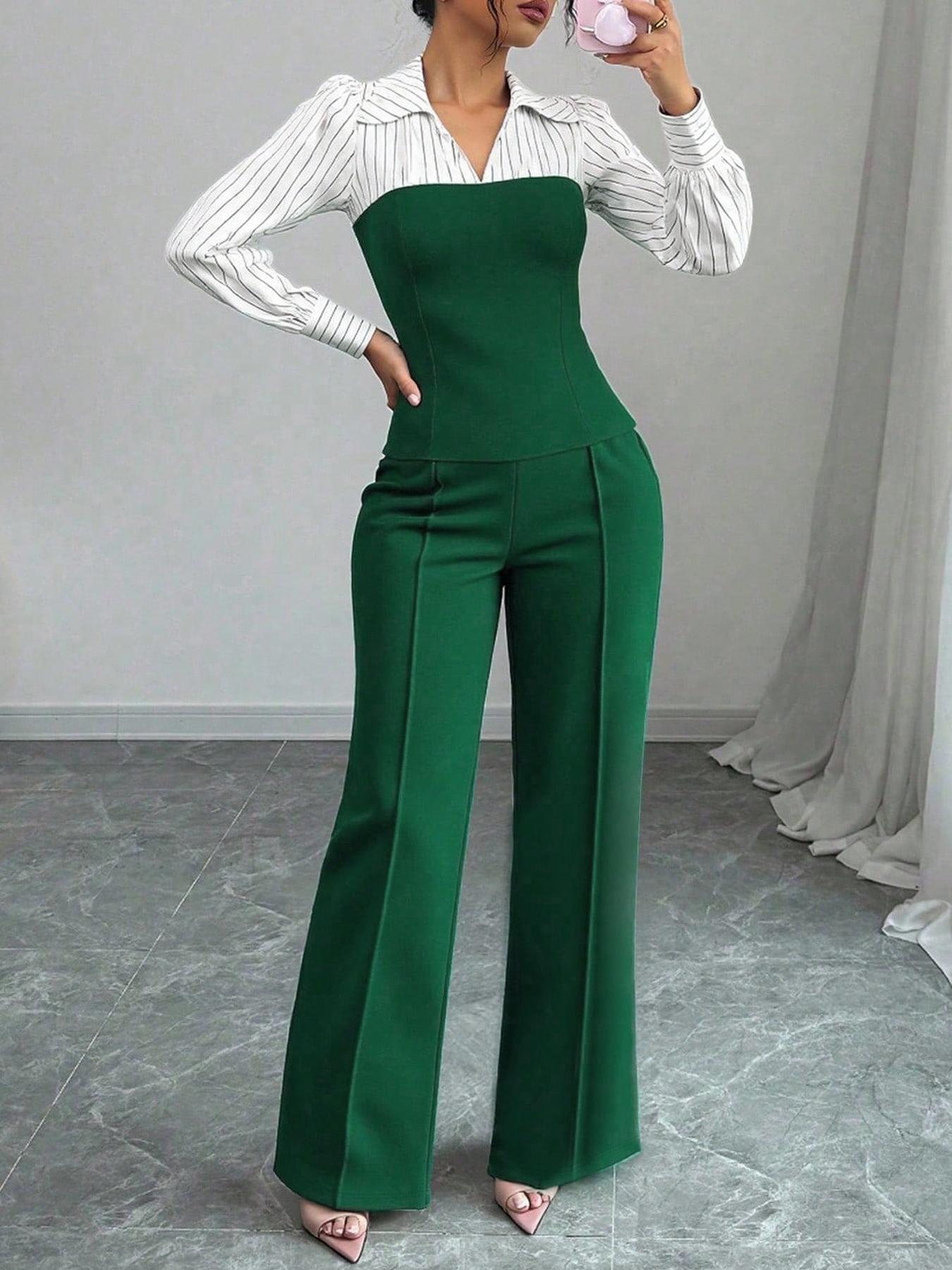 Women's Long Sleeve Colorblock Patchwork Shirt Set, Slimming Waist Design, Straight Leg Pants, Casual Fashion, Chic, Style, 2 Piece Set, Womenswear
