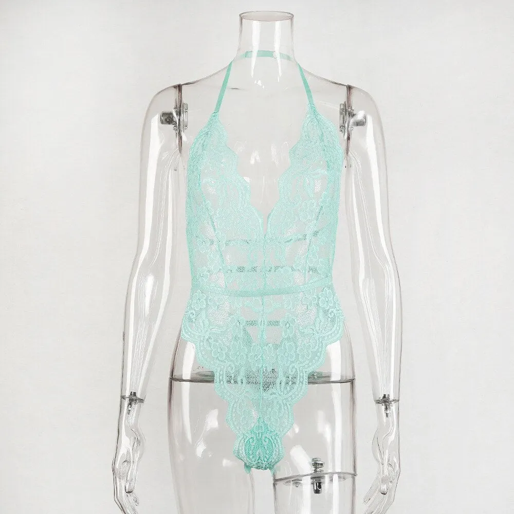 Yimunancy Floral Lace Bodysuit Women 9 Colors Halter Backless Bodysuit Ladies Sexy Teddies Bodysuit Body Femme