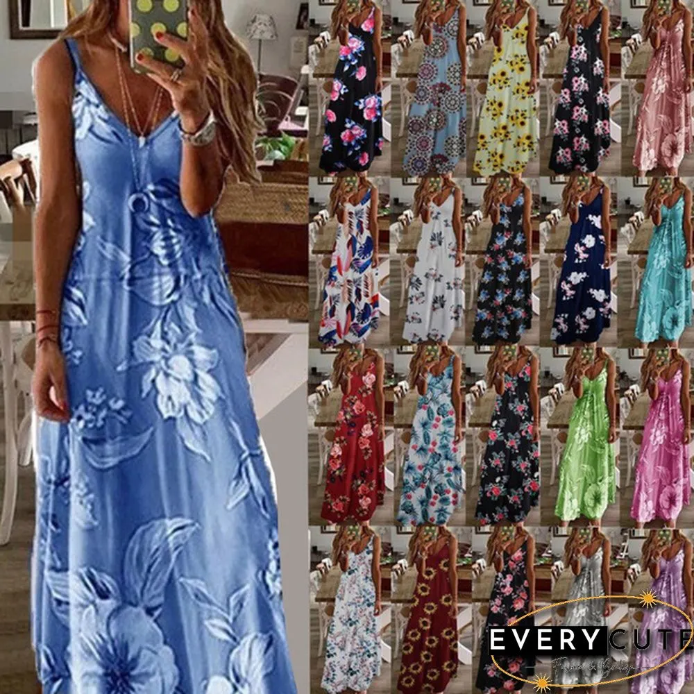 Women's Fashion Summer Sleeveless Floral Printing Sling Dress Deep V-Neck Slim Fit Big Swing Skirts Loose Casual Long Maxi Dresses Ladies Plus Size Party Dresses