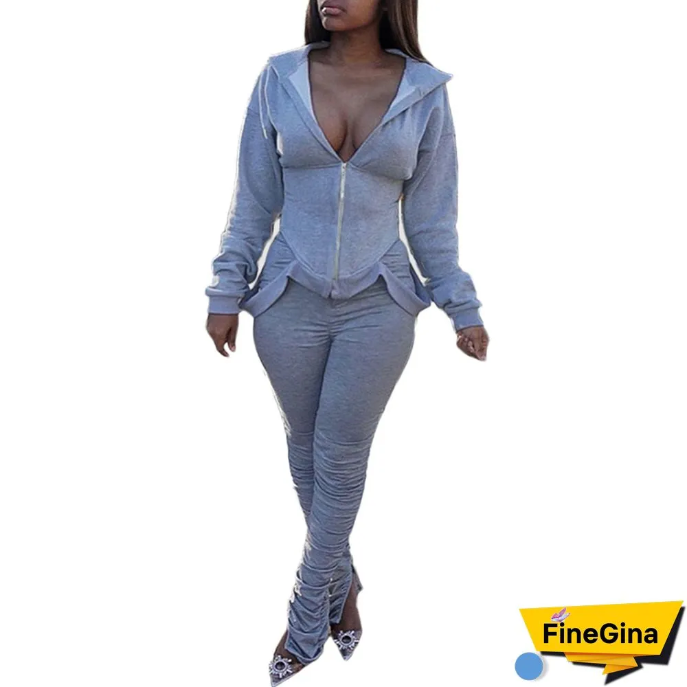 Women's Clothes Set V-neck High Waist Two-pieces Set Casual Tight Solid Color Suit Long Sleeve Long Pants Hoodie Clothing Sets