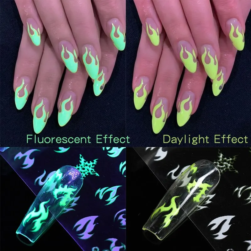 10pcs Luminous Fire Butterfly Nail Foil Set Nail Art Transfer Sticker Decals Yellow Blue Transfer Slider Paper Decoration