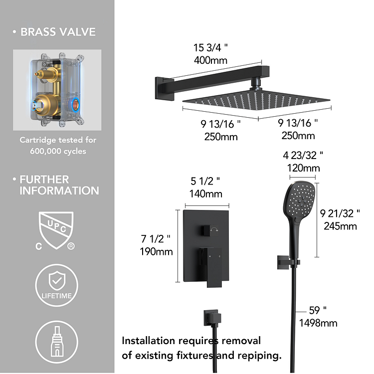 Wall Mount Rainfall Shower System in Matte Black M6646BI-10BL