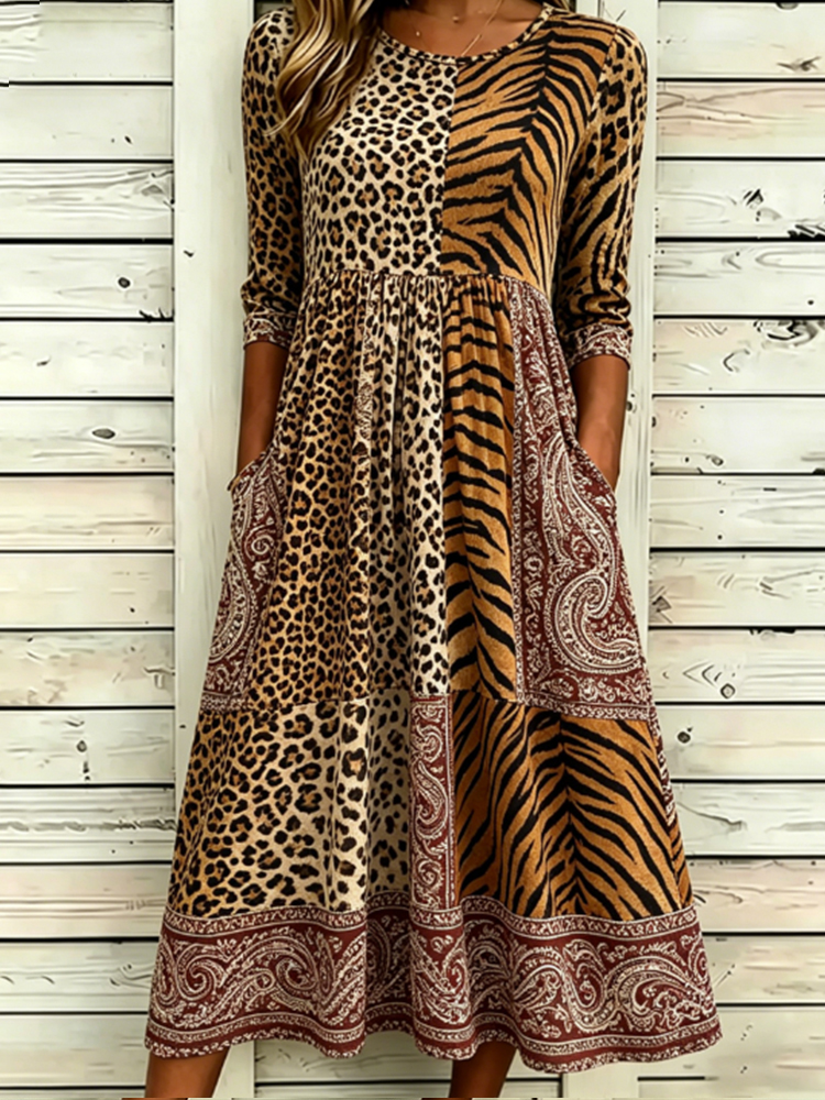 Comstylish Vintage-inspired Animal Print Paisley Patchwork Linen Blend Casual Mid-sleeve Dress