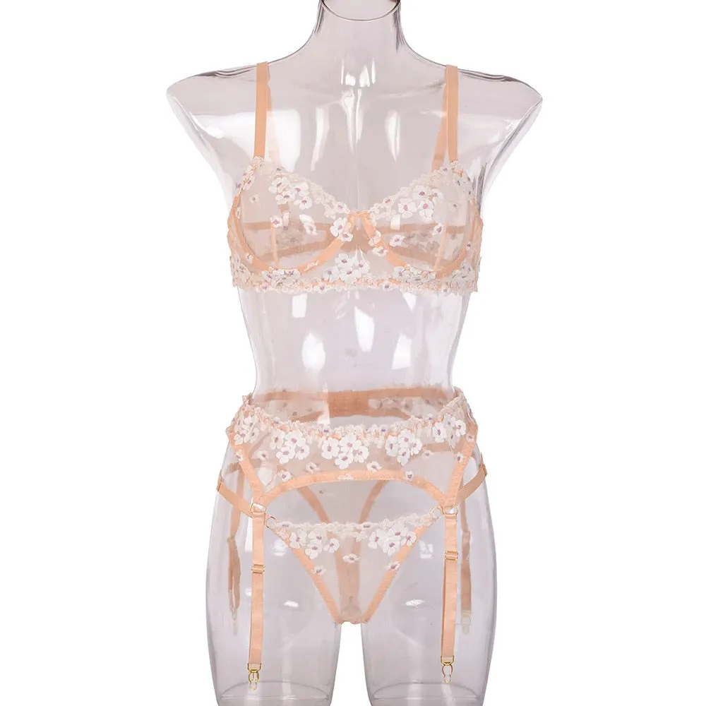 Yimunancy Lingerie Floral Embroidered Bra Set, 3-Piece Female Transparent Bra + Panties, Sexy Underwear, Underwear Set