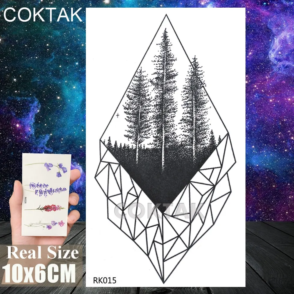 Geometry Pine Tree Temporary Tattoos Sticker Black Mountain Moon Water Transfer Tattoo For Men Body Art Washable Beauty Tatoos