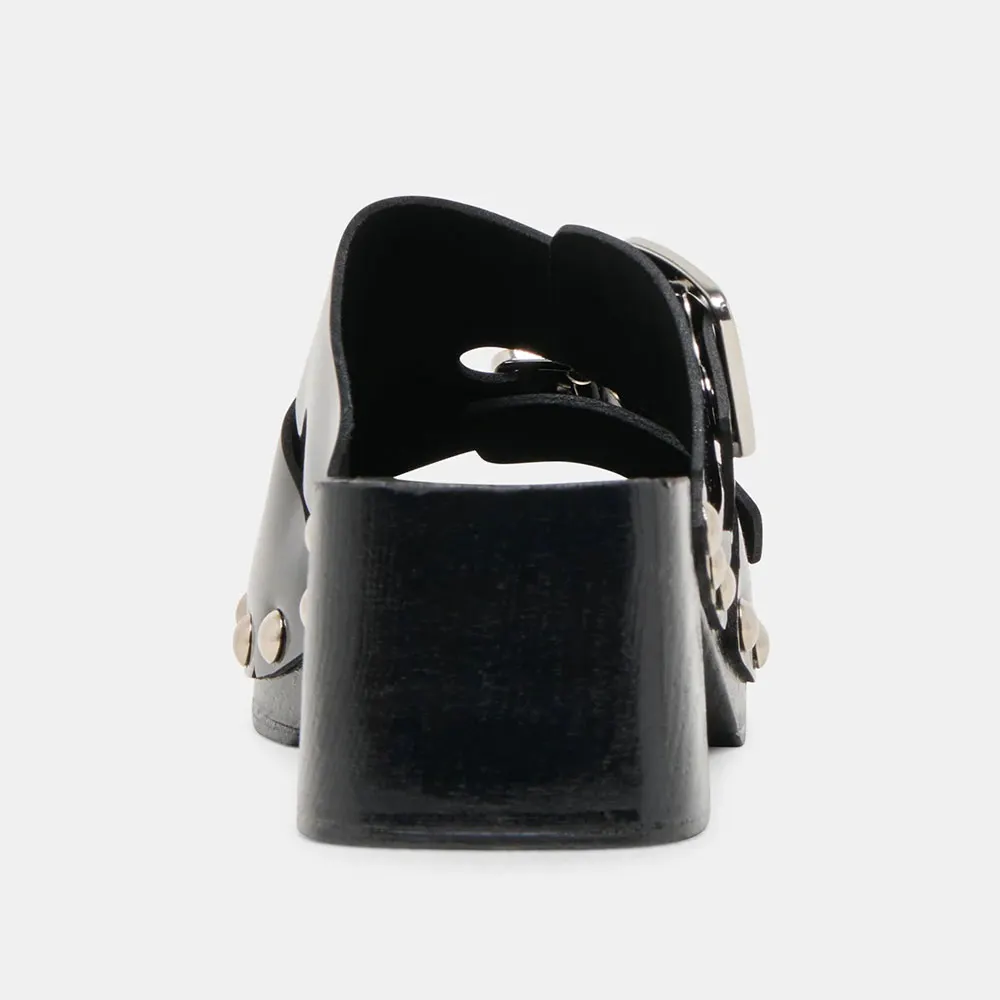 Black Open Toe Studded Slip On Platform Mule Heels with Buckles