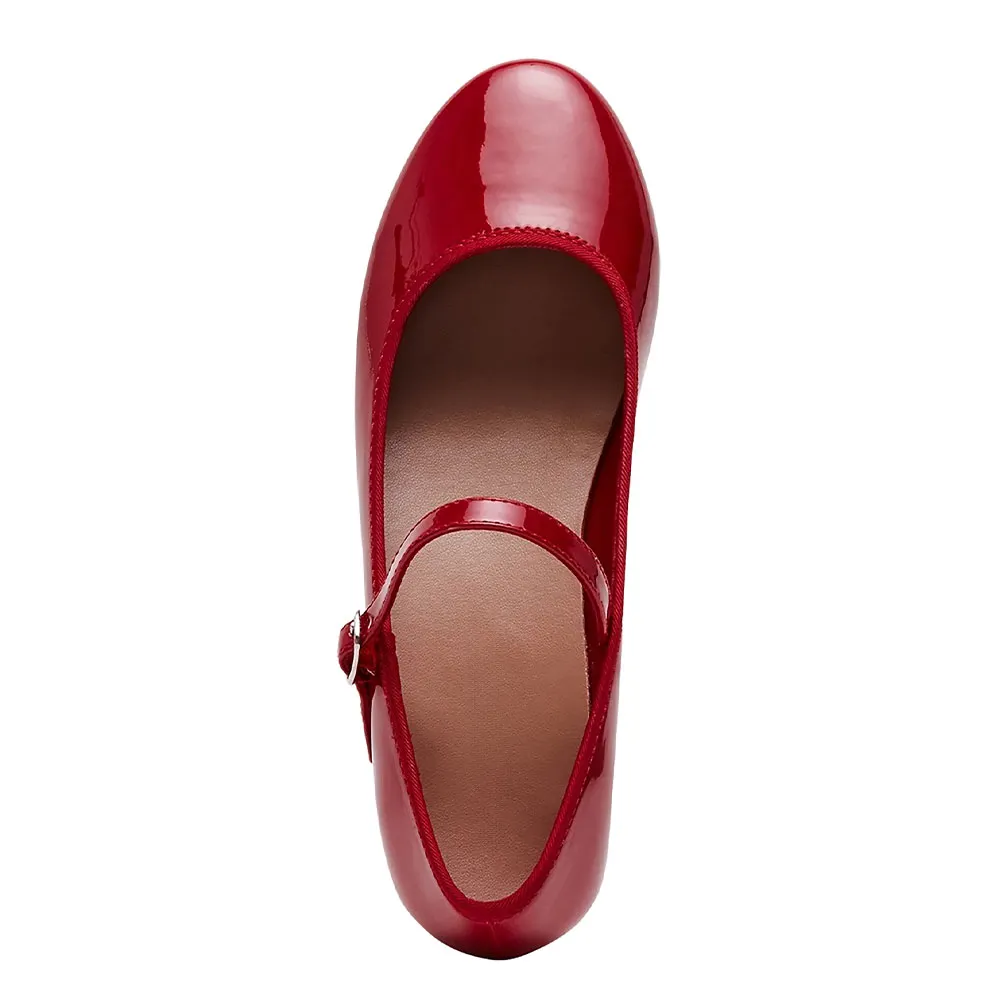 Patent Leather Round Toe Low Heel Mary Jane Red Pumps with Buckle