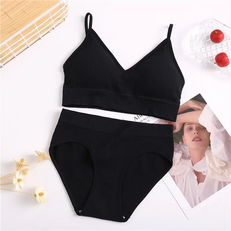 FINETOO Women Bra Panties Set Sexy G-String Push Up Bra Set Seamless Underwear Sports Thong Panty Bralette Fitness Lingerie Set