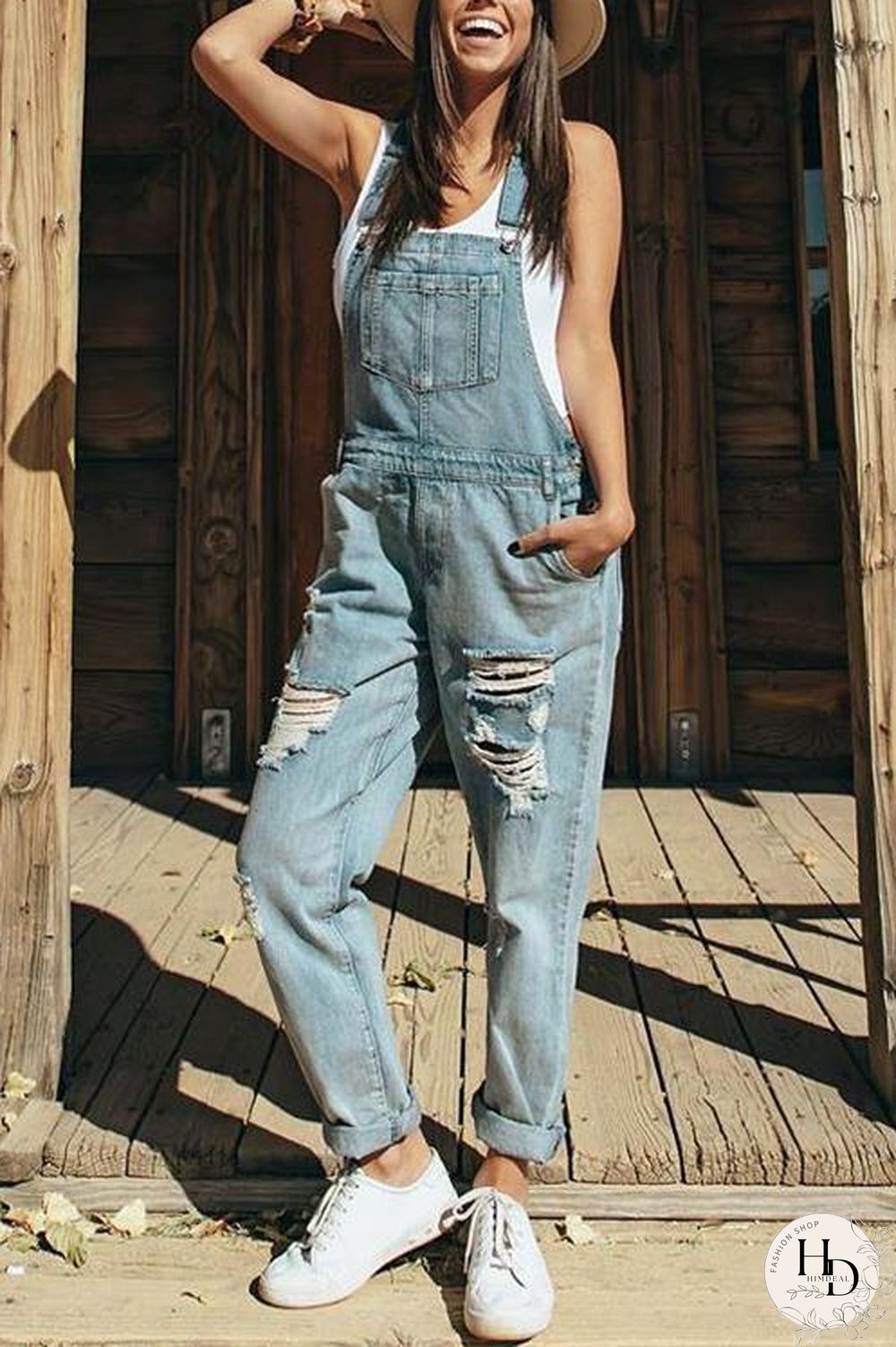 Pockets Ripped Denim Jumpsuit
