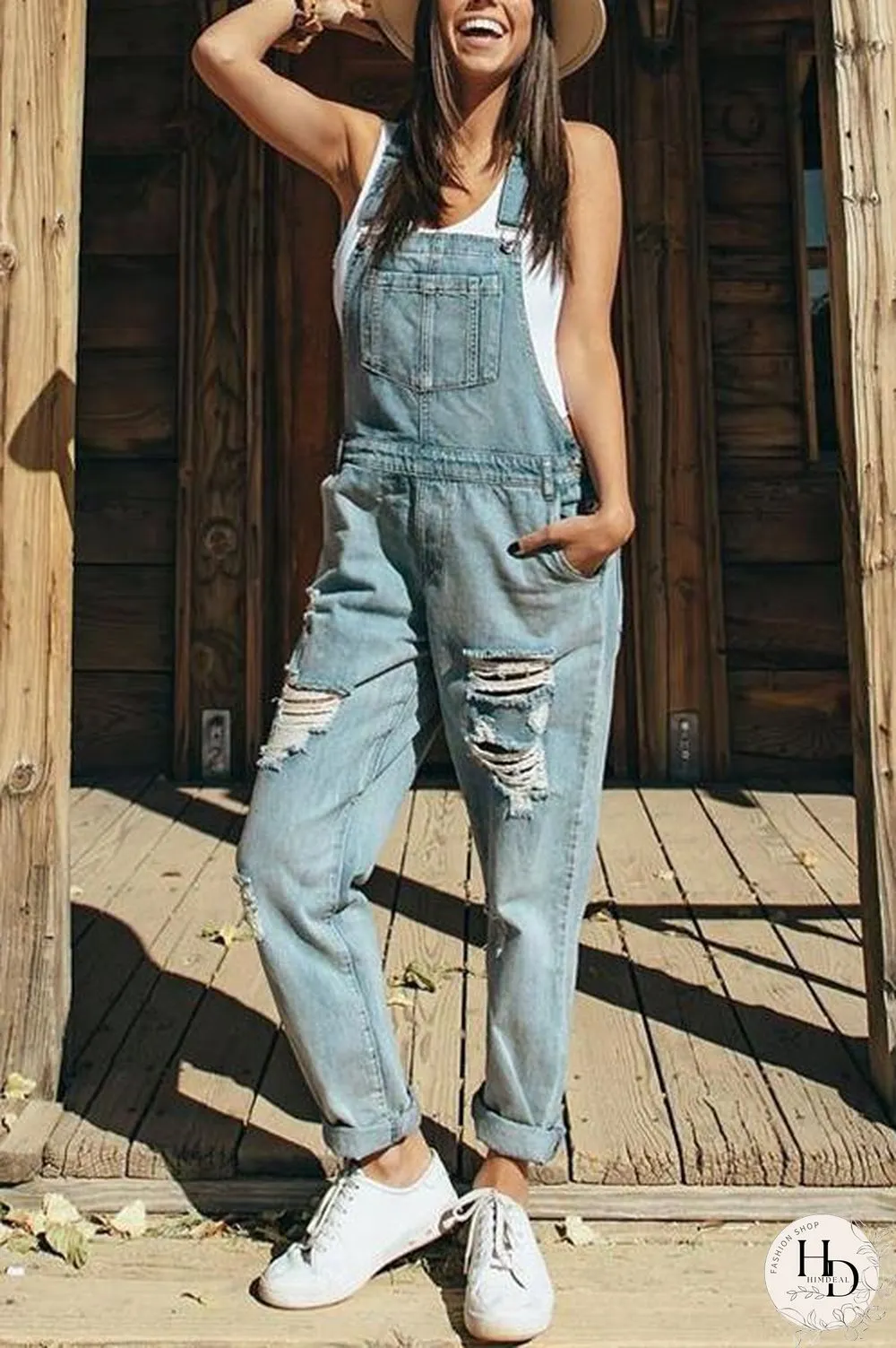 Pockets Ripped Denim Jumpsuit