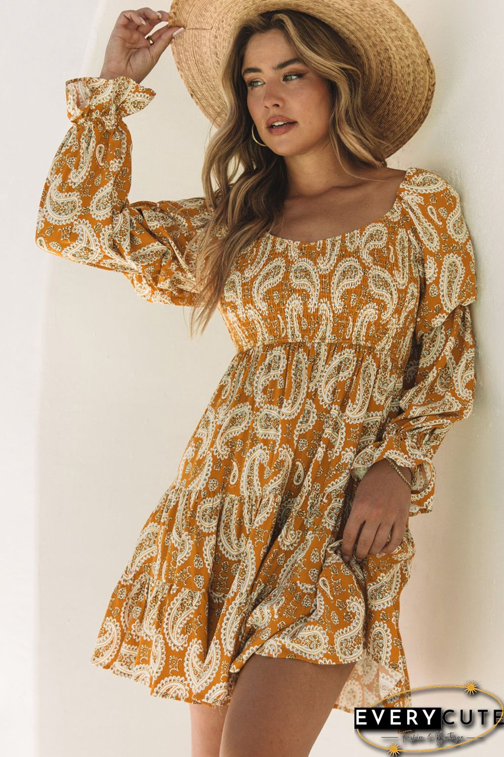 Yellow Boho Paisley Long Sleeve Floral Dress