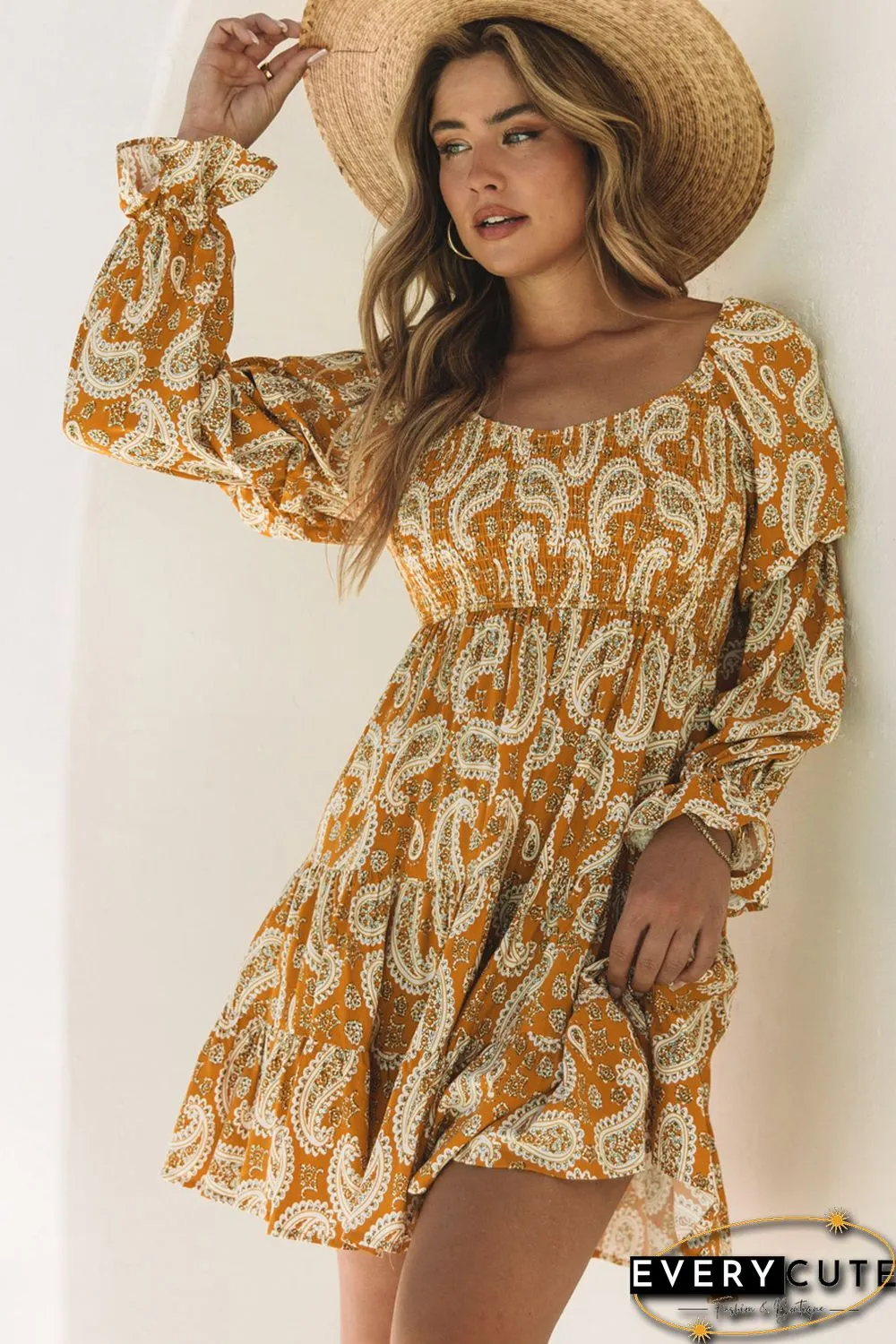 Yellow Boho Paisley Long Sleeve Floral Dress