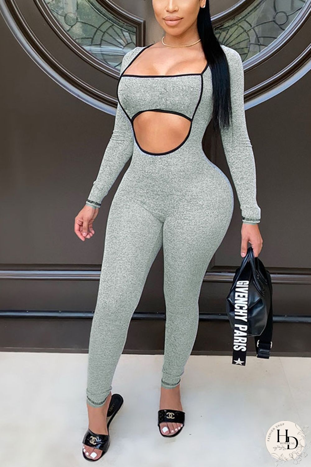 rose red Sexy Hollow Polyester Long Sleeve Jumpsuits