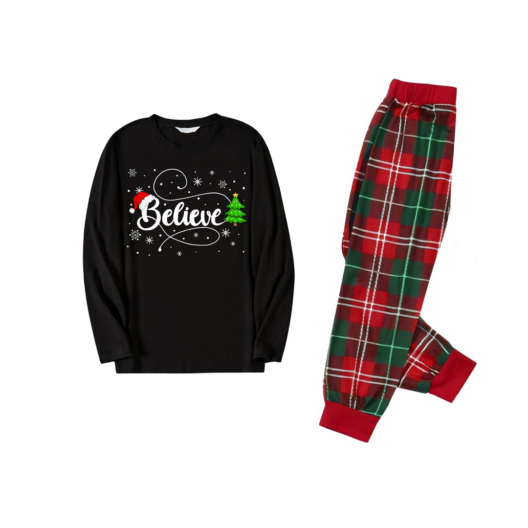 Belive Text and Santa Hat Pattern Black Top Red and Green Plaid Family Matching Pajamas