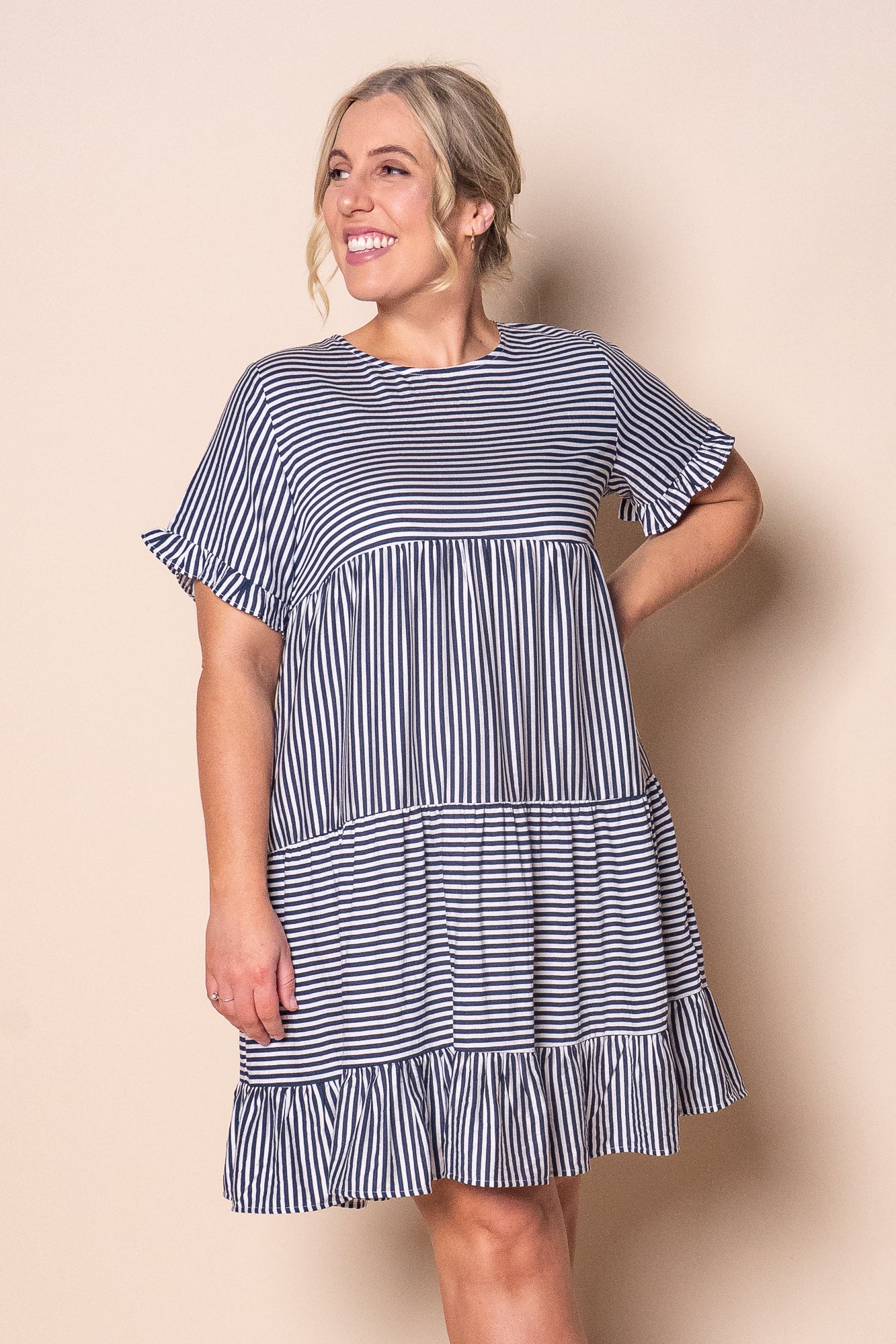 Pixie Tiered Striped Dress in Navy