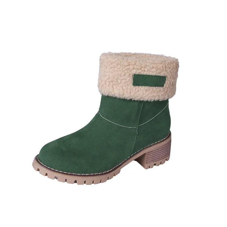 Winter Womens Black Beige Plush Lining Shoes Ankle Boots Med Heel Chunky Heels Shoes Warm Boot Metal Decoration Boots for Women