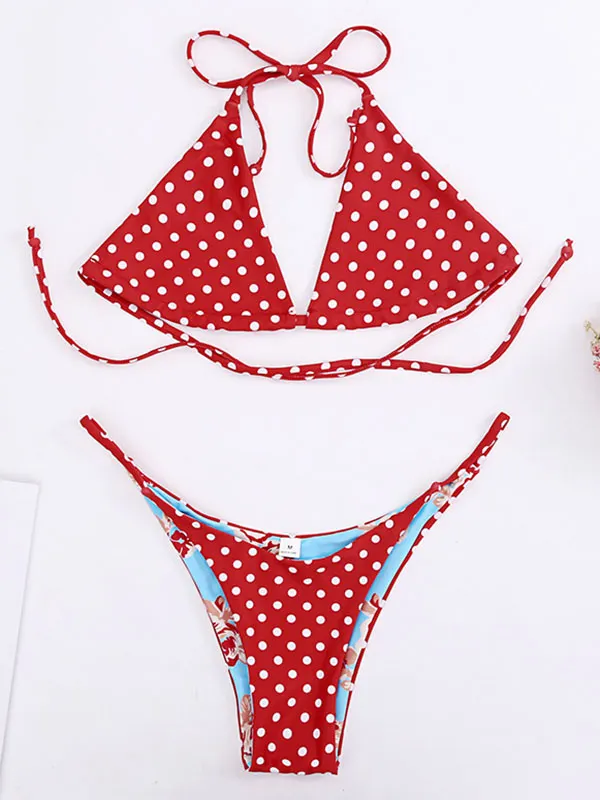 Halterneck Triangles Polka Dot Bikini Swimwear