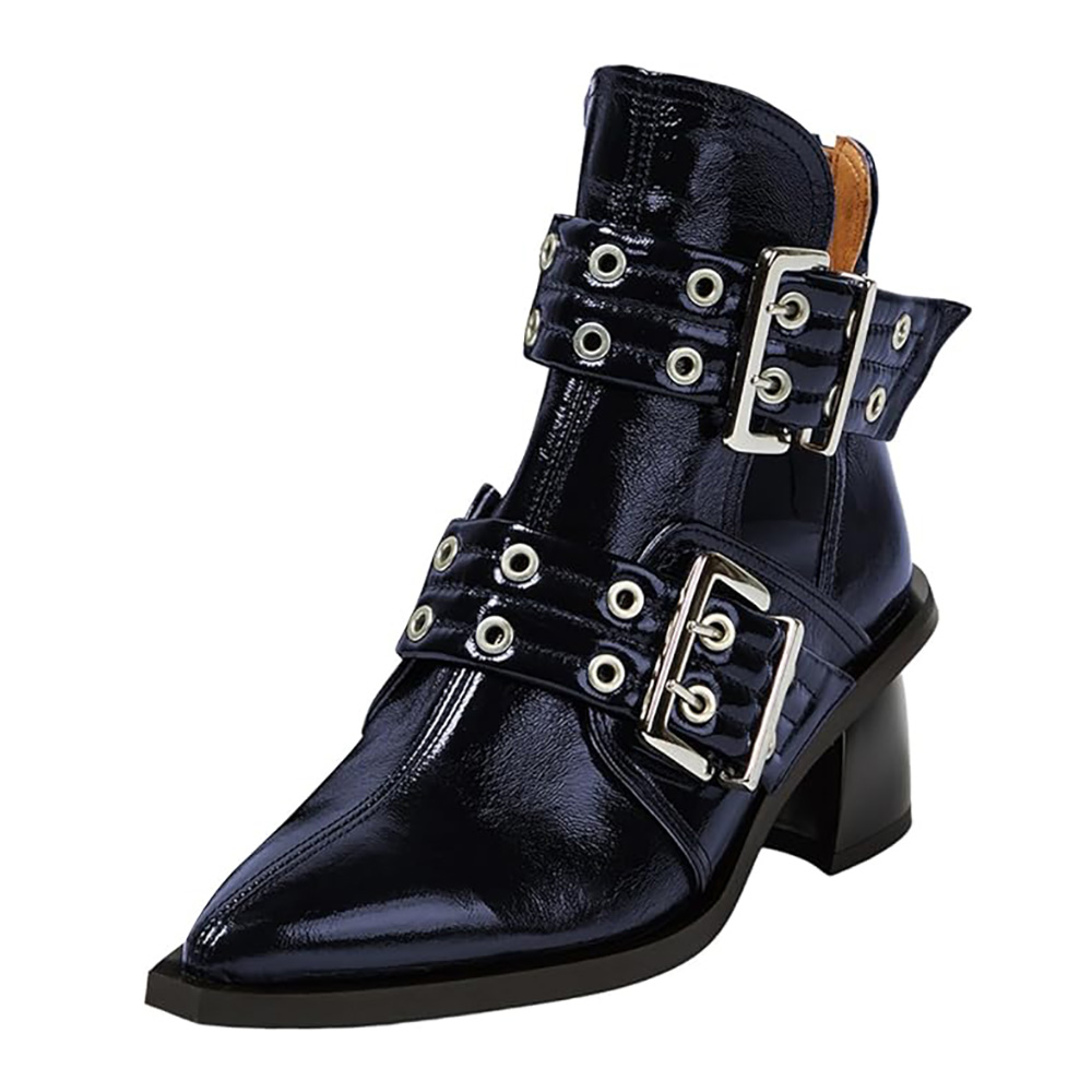 Navy Pointed Toe Grommet Strap Block Heel Ankle Boots with Buckles