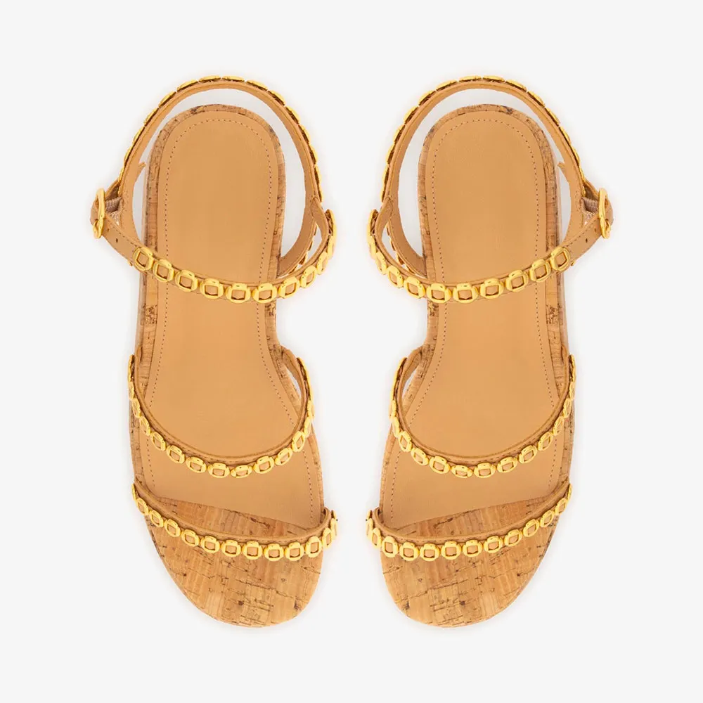 YDN Tan Open Round Toe Gold Accent Ankle Strap Wedge Sandals