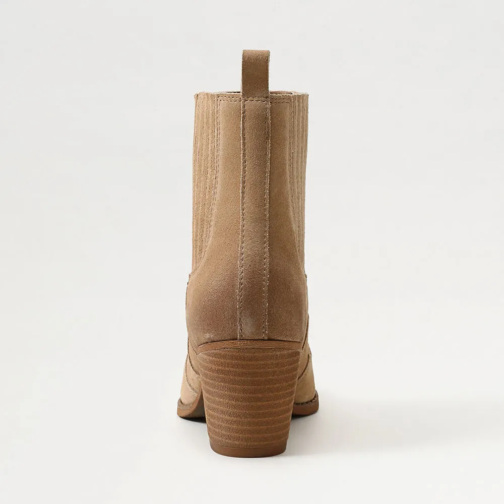 YDN Tan Mid Chunky Heel Comfortable Stitching Pointed Toe Boots