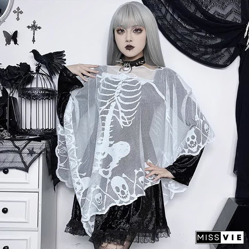 Halloween Gothic Skeleton Skull Print Lace Cloak