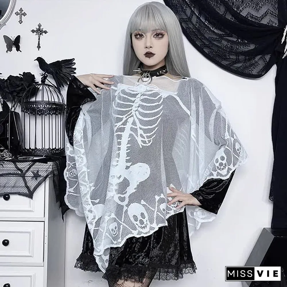 Halloween Gothic Skeleton Skull Print Lace Cloak