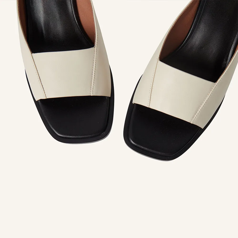 White & Black Vegan Leather Open-Toe Classic Block Heeled Mules
