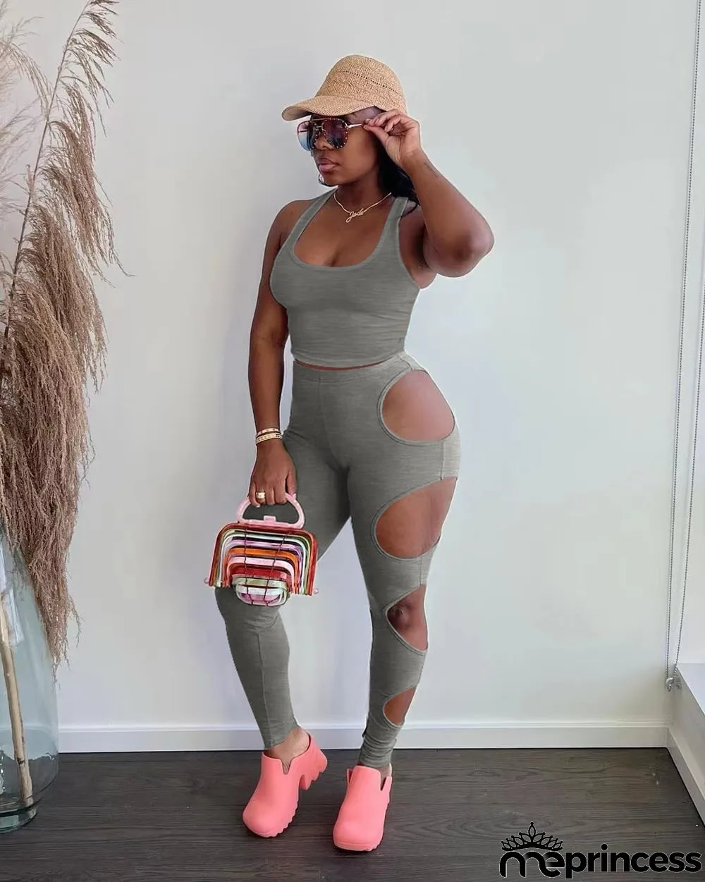 Solid Tank Top Hole Pants Two Piece Sets