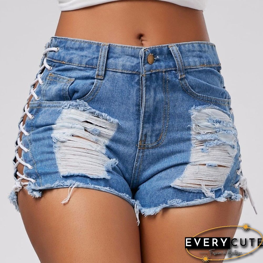 Sexy Summer Women Denim Shorts Blue High Waist Ripped Short Jeans Femme Tassel Lace Up Bandage Shorts
