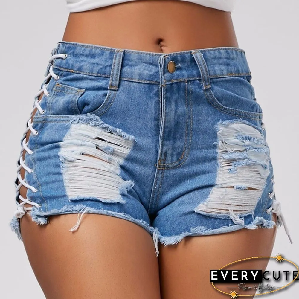 Sexy Summer Women Denim Shorts Blue High Waist Ripped Short Jeans Femme Tassel Lace Up Bandage Shorts