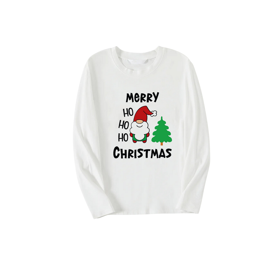 "HO HO HO Merry Christmas" 2024 White Long Sleeve Top with Red & Green Plaid Family Matching Pajamas